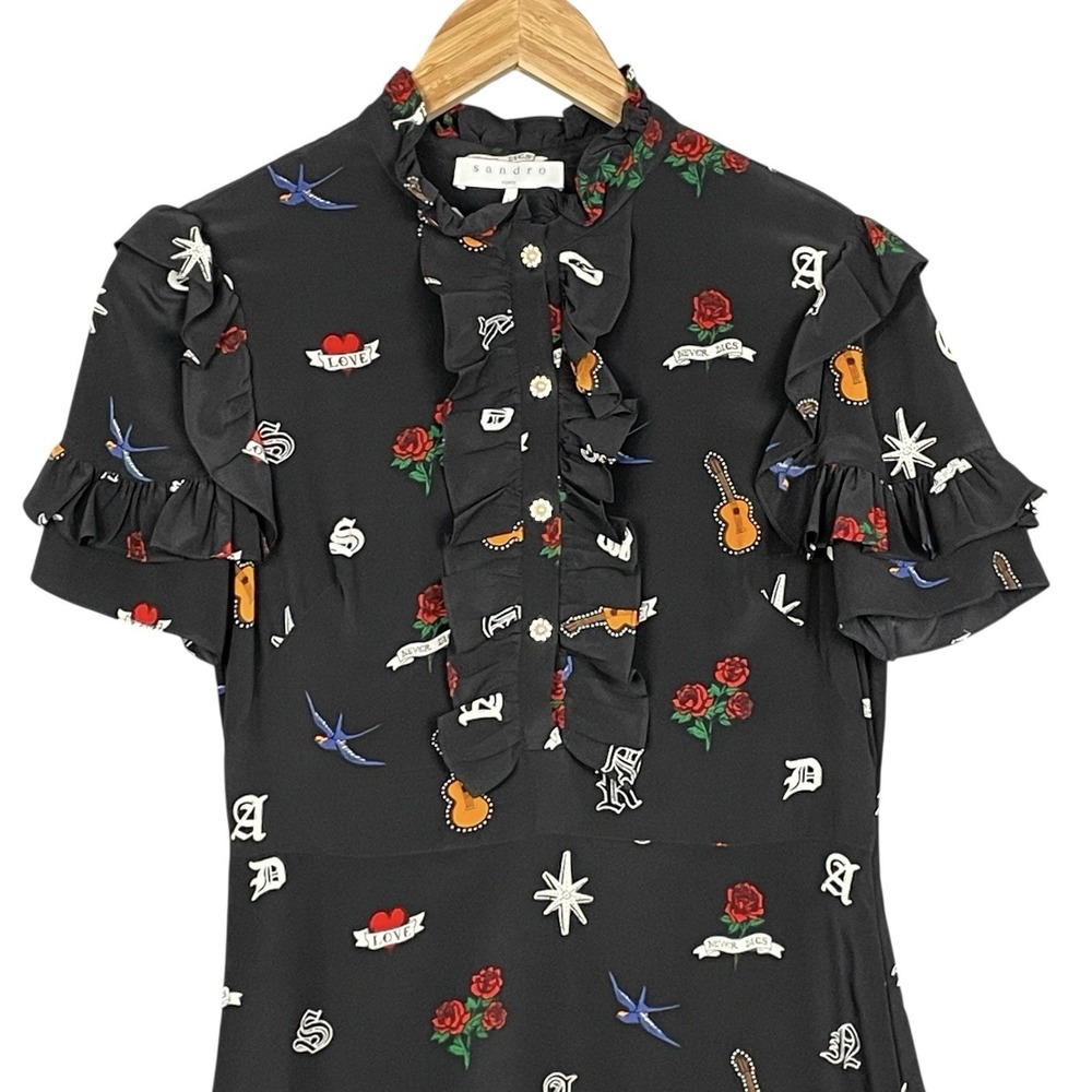 Sandro Whimsical Rock n Roll Silk Dress Size 2 Goth Ruffle Trim Pearl Buttons - Picture 3 of 11